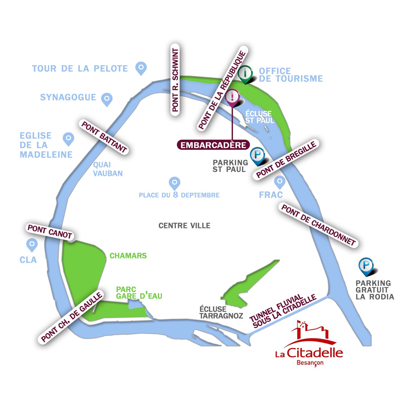 Plan de la boucle du Doubs : embarcadère au Pont de la République, écluse Saint-Paul, tunnel sous la Citadelle et écluse de Tarragnoz