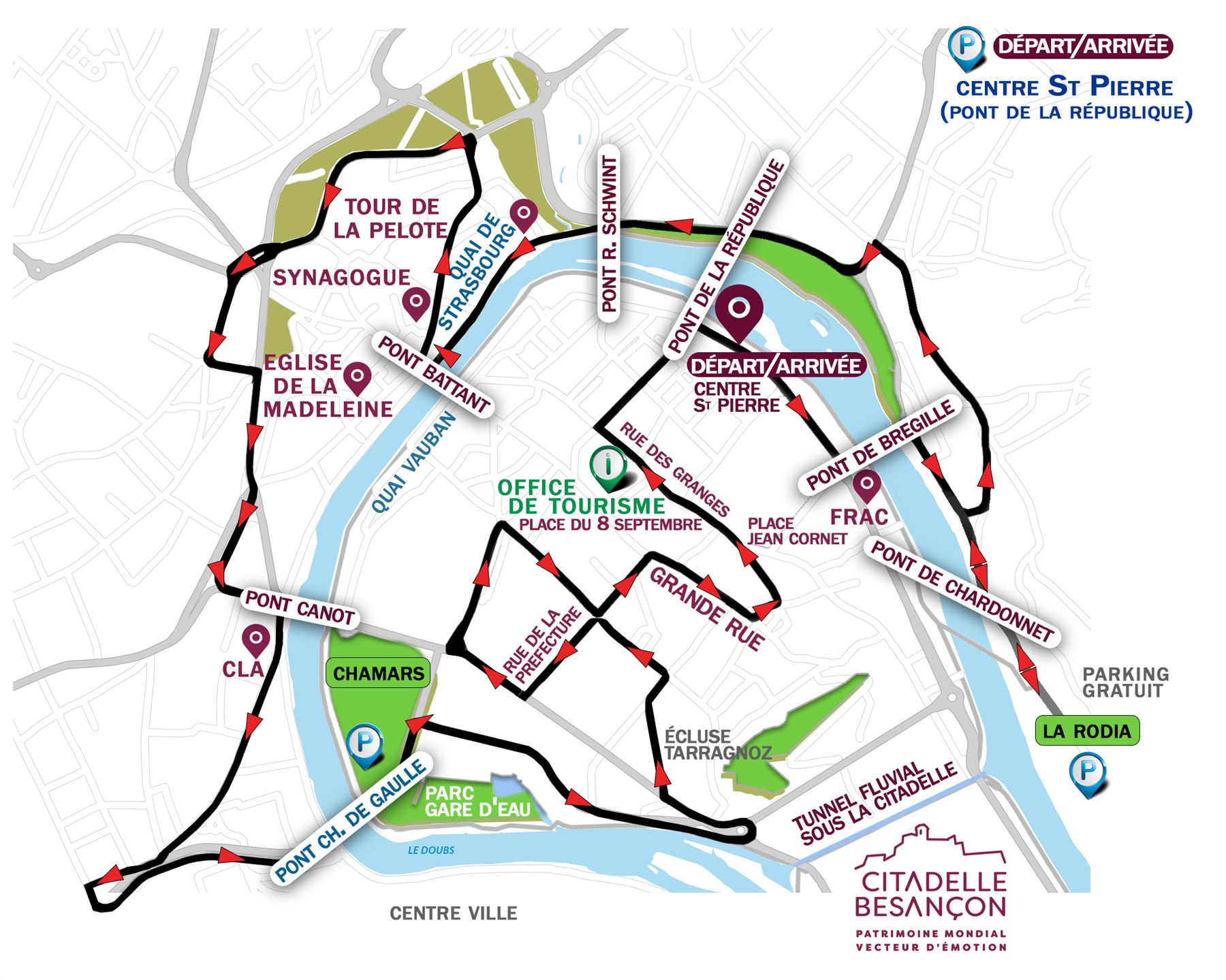 Plan des deux circuits : la boucle du Doubs en bleu et le circuit du bus en noir