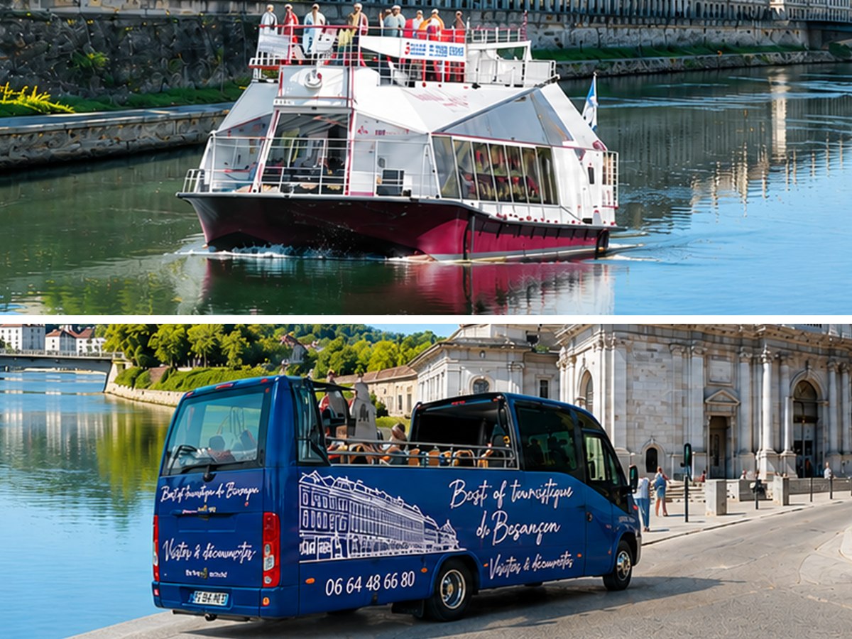 Le bateau Le Battant sur le Doubs et le bus cabriolet devant l'église Sainte-Madeleine, les deux activités du pass